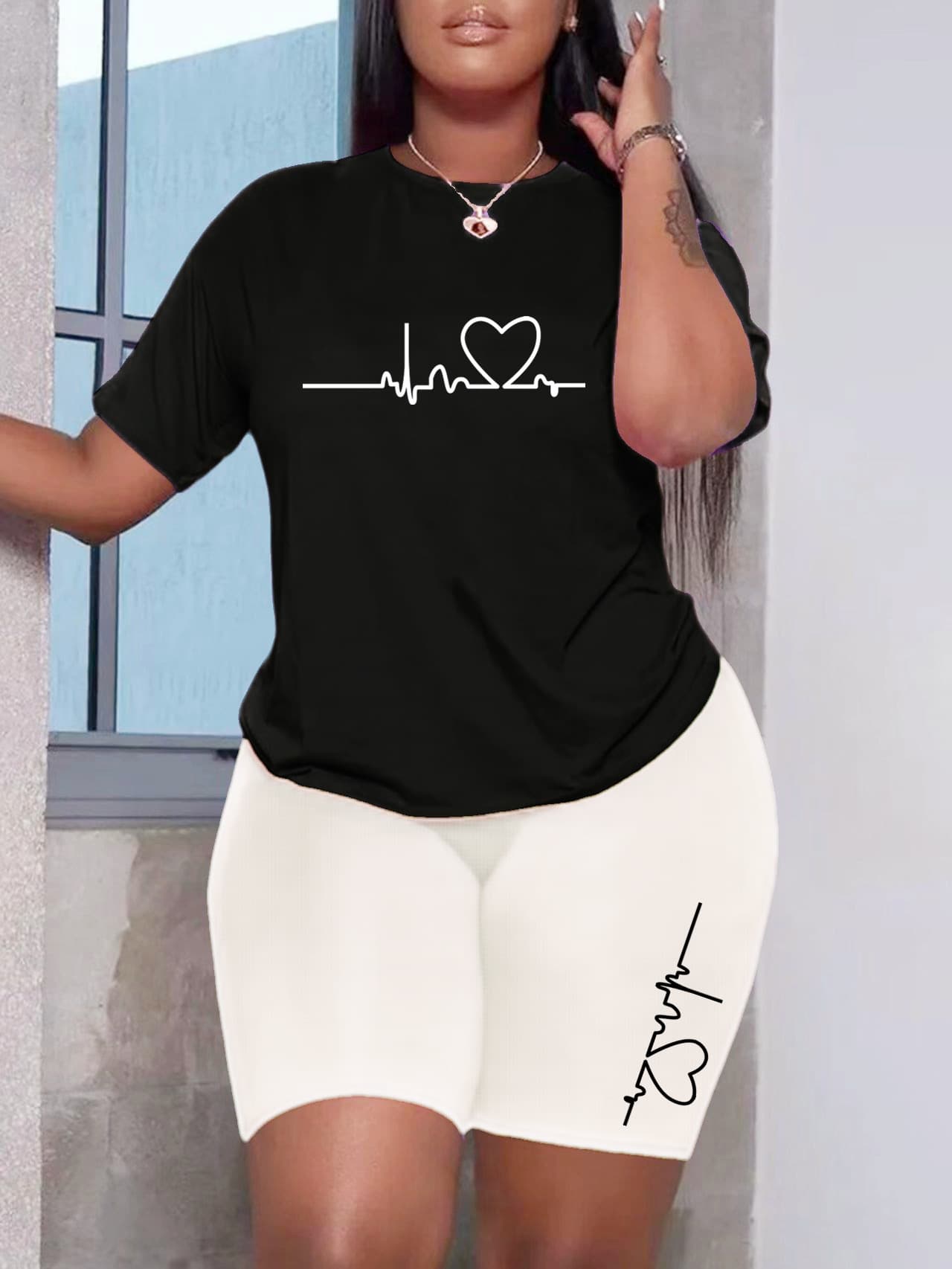 Women's Clothing Love Print fashion ECG short sleeve T-shirt + shorts casual suit