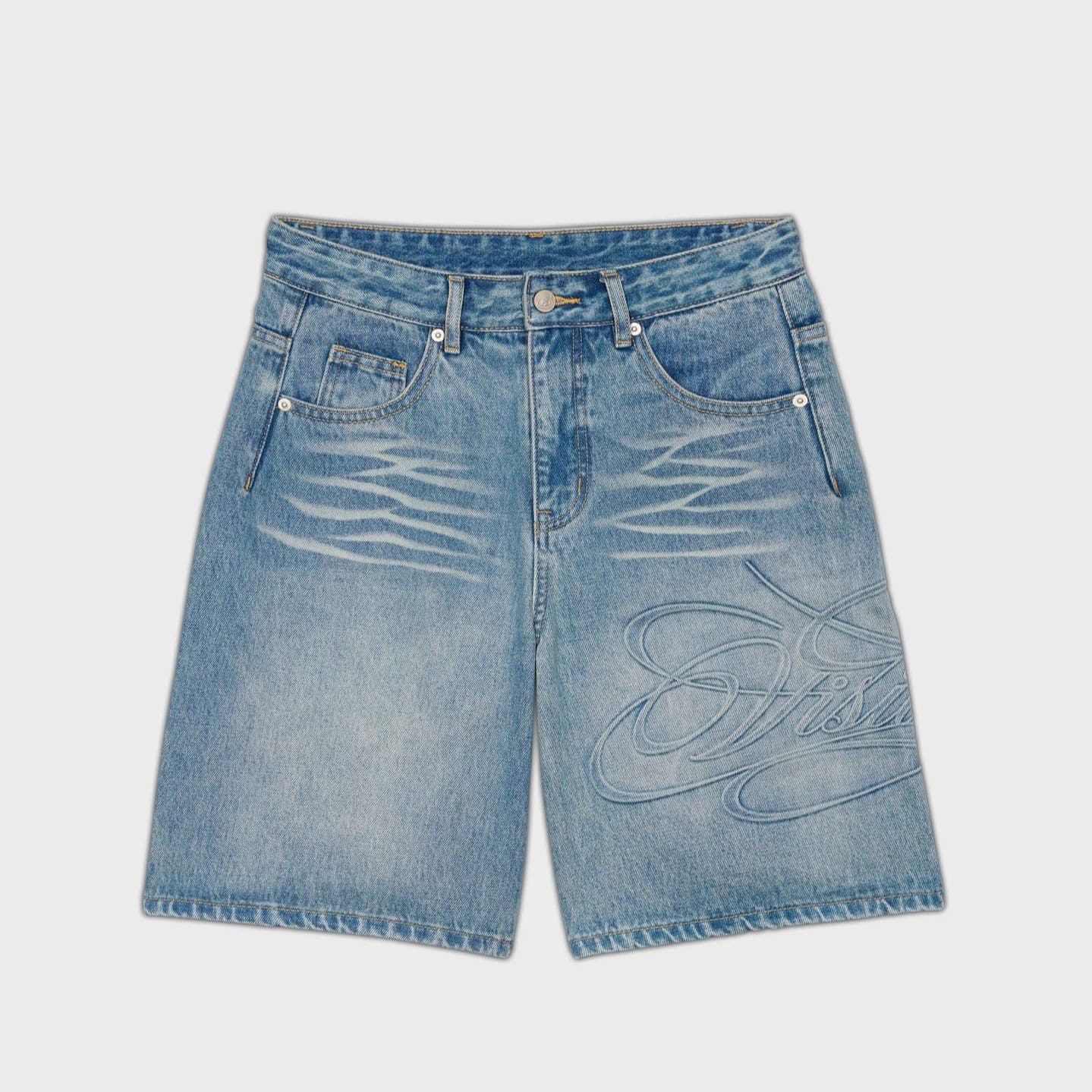 Men's Retro Letter Print Denim Shorts Mid-Length Casual Streetwear Five-Pocket Pants Summer Fashion European American Style