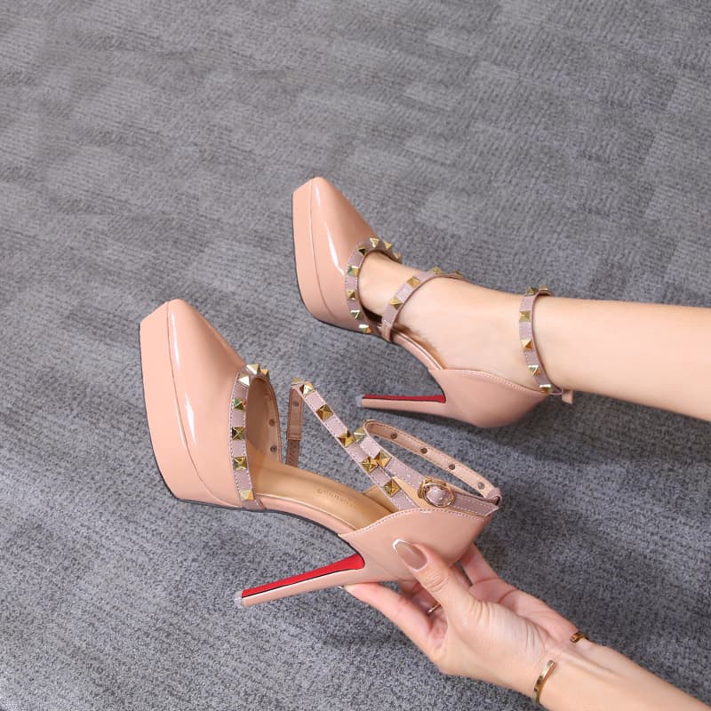 9626-1 High Heels For Women, Stilettos, Waterproof Platform, Rivet Single Shoes, Patent Leather, Sexy Women's Shoes, Cross-border Supply