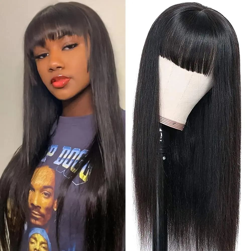 Straight Wig with Bangs Fringe 100% Human Hair Wig for Women Glueless Full Machine Made Brazilian Remy Hair On Sale