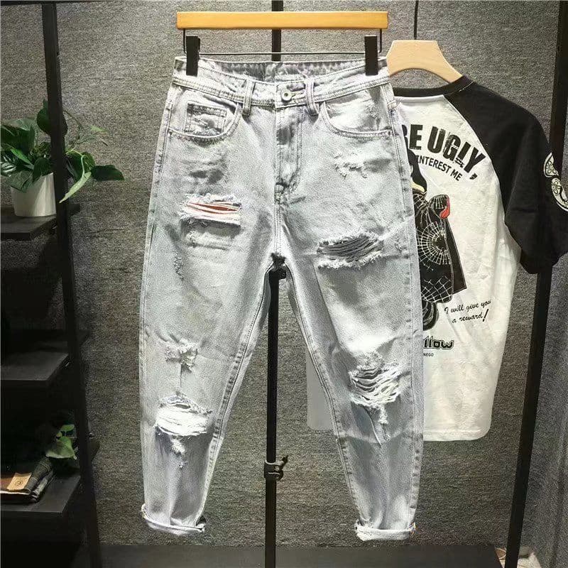 New Style Japanese Loose Brushed Ripped Beggar's Pants Men's Trendy Light Wash Nine-point Jeans For Men