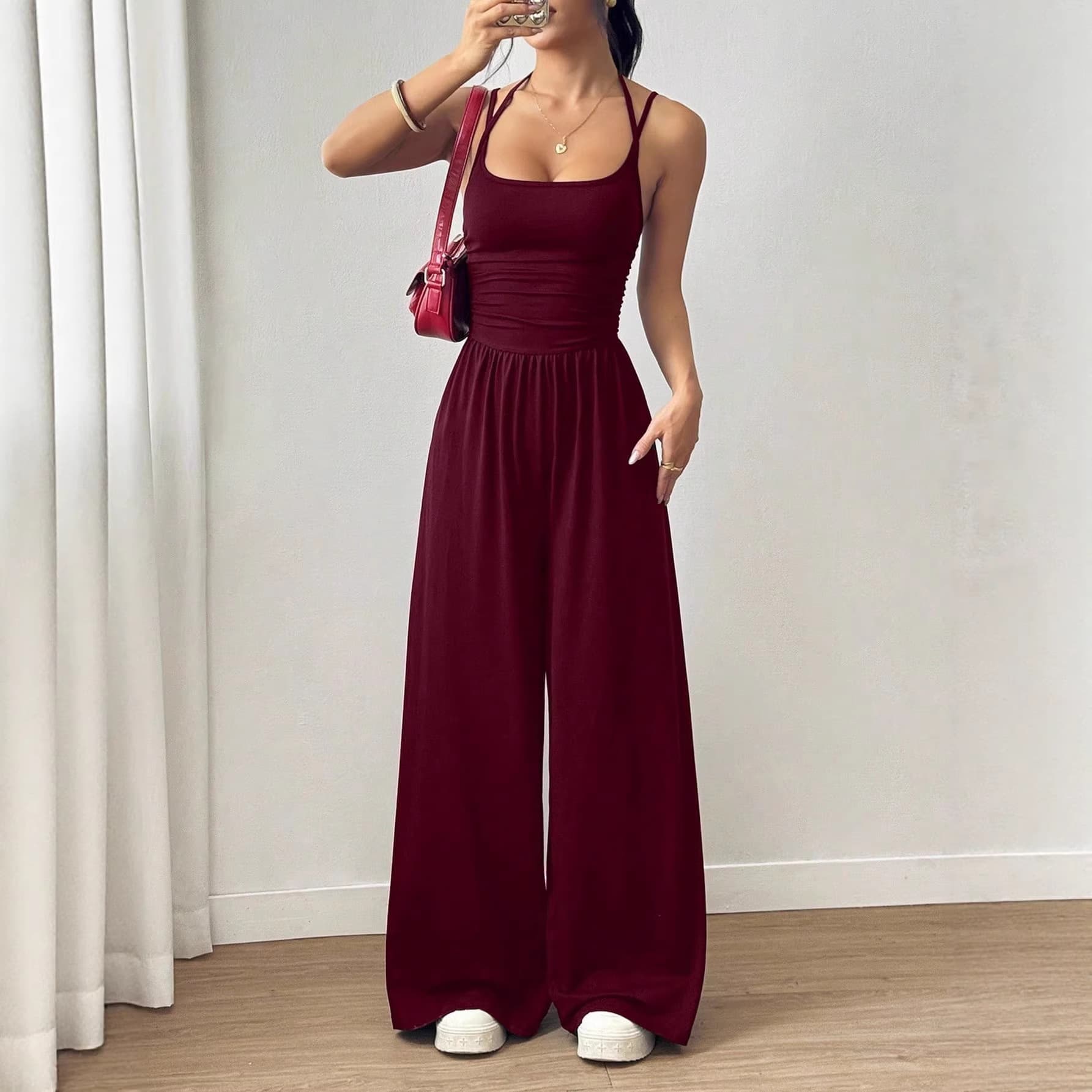 Women's Solid Color Sleeveless Jumpsuit Wide-Leg Romper Casual Summer One-Piece Outfit Soft Smooth Milk Touch Fabric