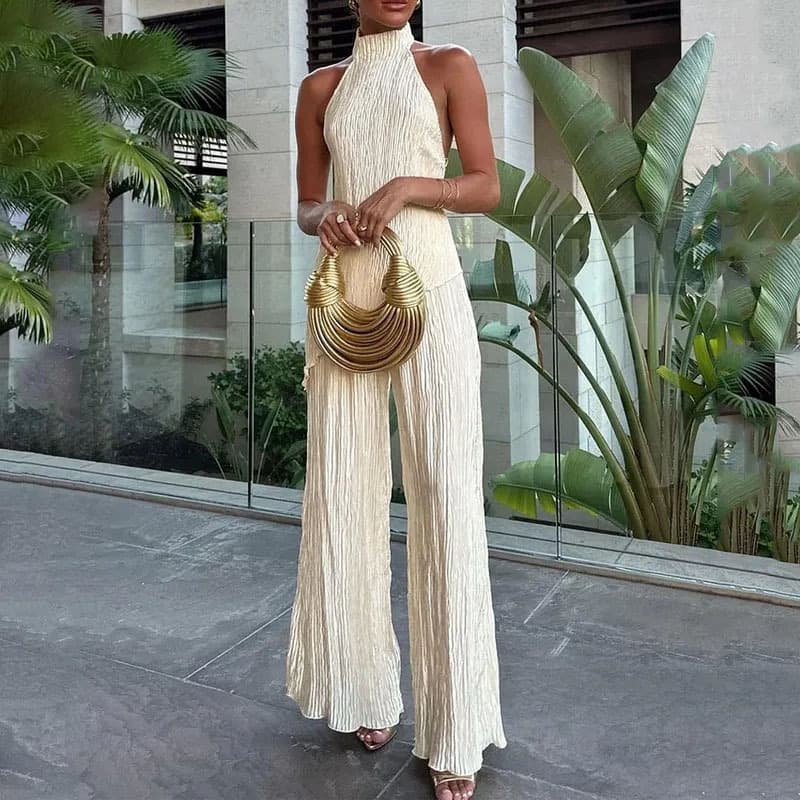 Women's style asymmetrical halter neck halter top design wide leg pants suit for women