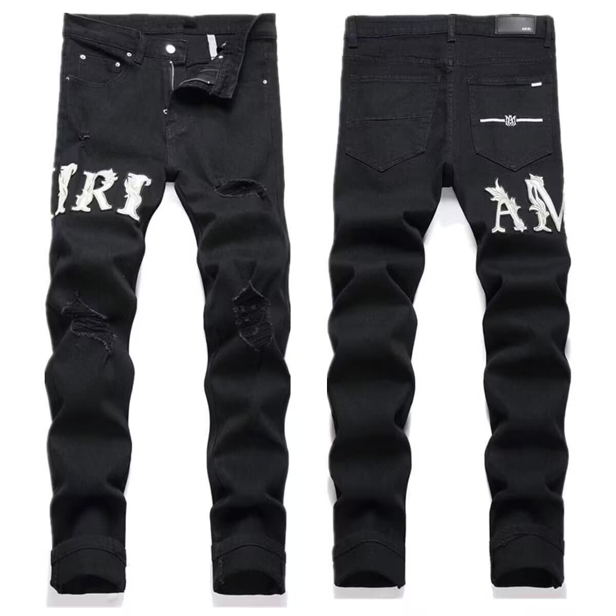 Jean brodé tendance pour homme, flambant neuf, noir, déchiré, coupe slim, pantalon long