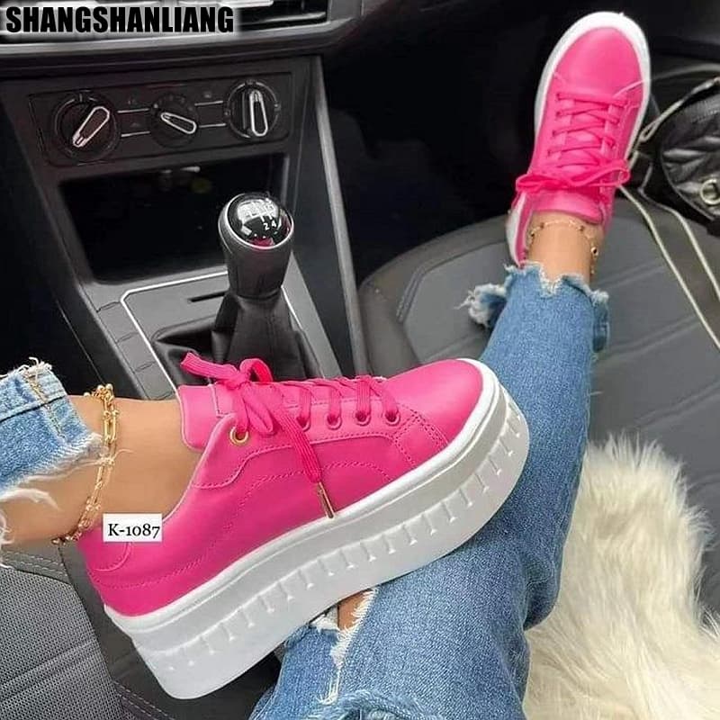 SHLIANG Women's Running Shoes All Season Fashion Platform Leather Solid Colors Elegant Concise Sport Walk Espadrilles Sneaker S0140