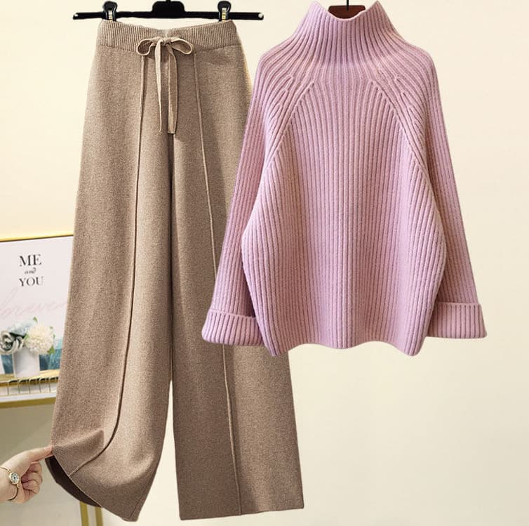 Ensemble coréen oversize en maille – Pull à grosses torsades et pantalon fluide à jambes larges, tenue d'hiver décontractée à col montant (Be