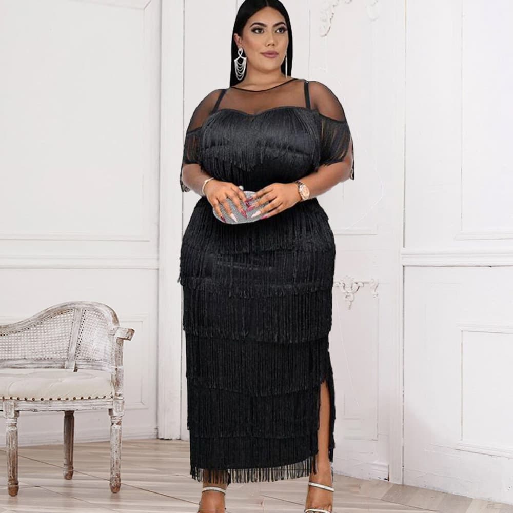 Women's Clothing Stitched multi layer tassel high waist and hip black S 4XL plus size women's dress party dresses