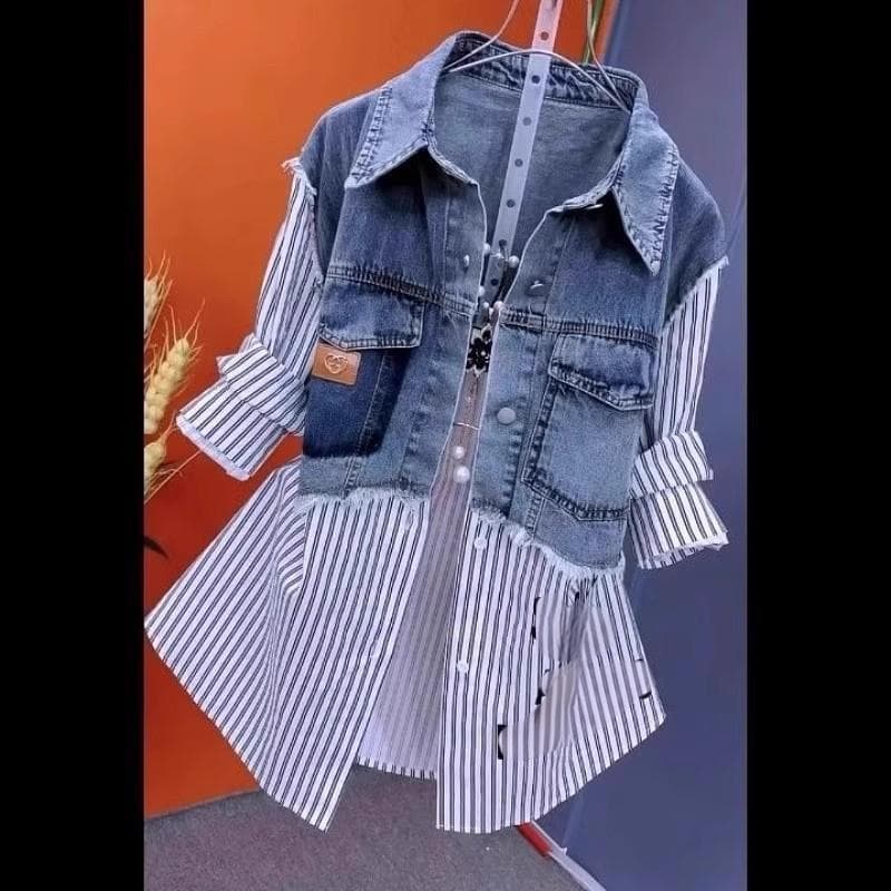 Women's Clothing Retro Denim Layering Shirt Vest – Striped Two-Piece Top With V-Neck (White/Striped, Sizes M-4XL)