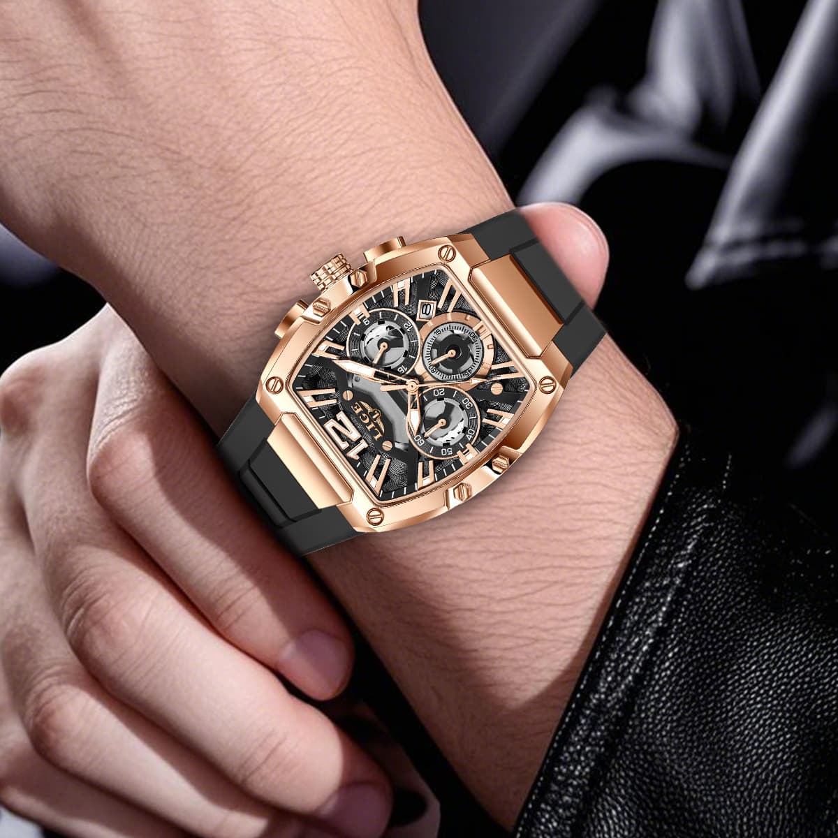 Men's Tonneau Shaped Sports Watch Multifunctional Waterproof Luminous Calendar Wristwatch