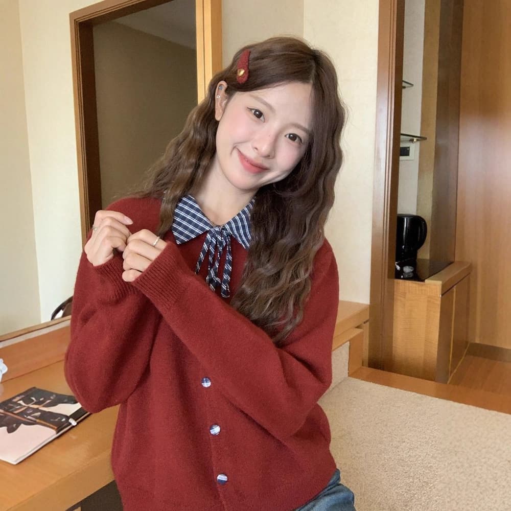Girl Girl Korean Style Design Two-Piece Plaid Polo Collar Lace-Up Knitted Sweater Top For Women Early Autumn Cardigan