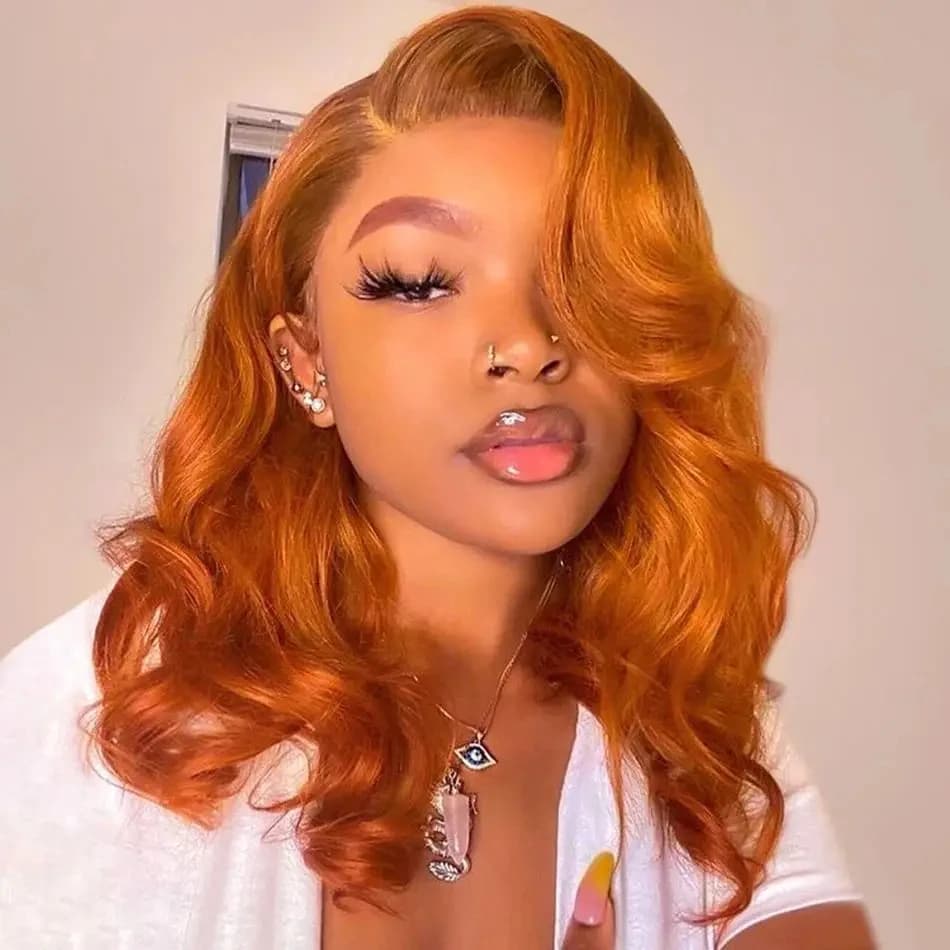 Short Bob Wig Ginger Orange Body Wave Wigs Human Hair 13x4 Lace Closure #350 for Women 16