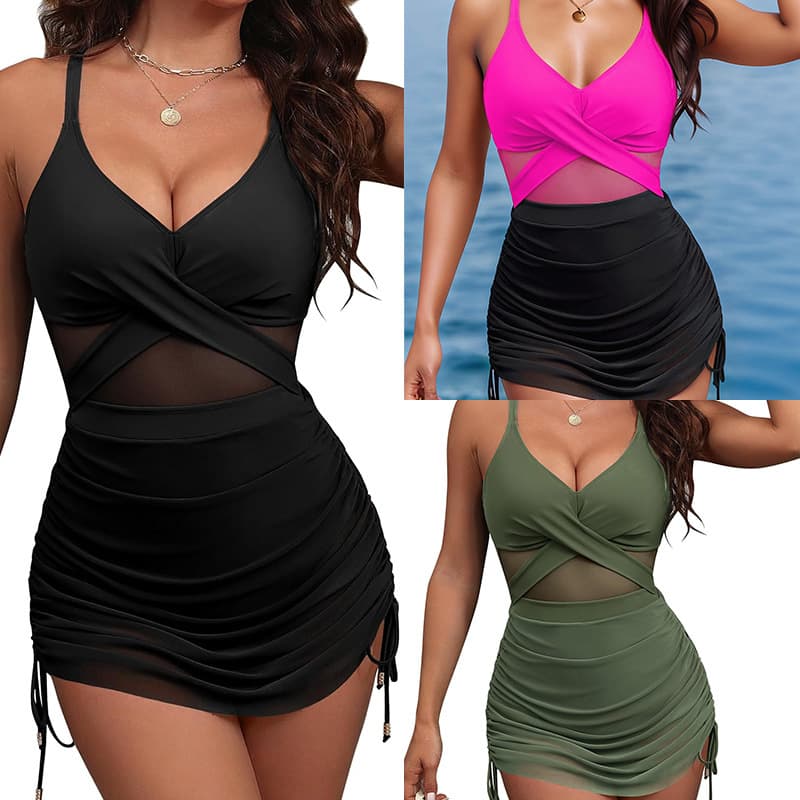Waist Mesh Splicing With Skirt Cross Deep V Drawstring Women's One-Piece Swimsuit Set