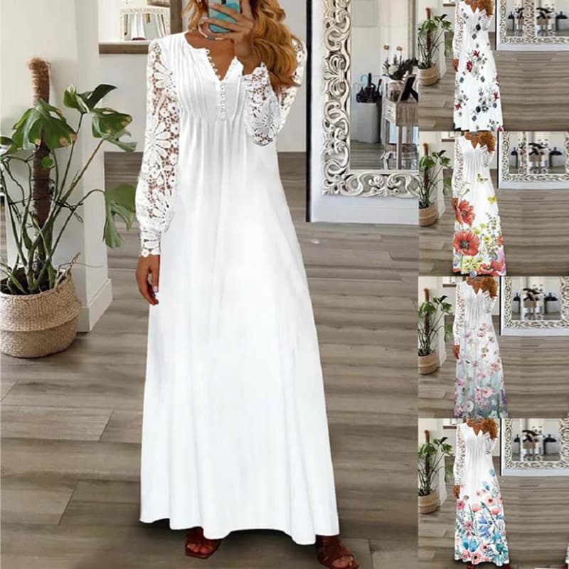 Women's Dress Fashion Print Lace Long Sleeve Dress