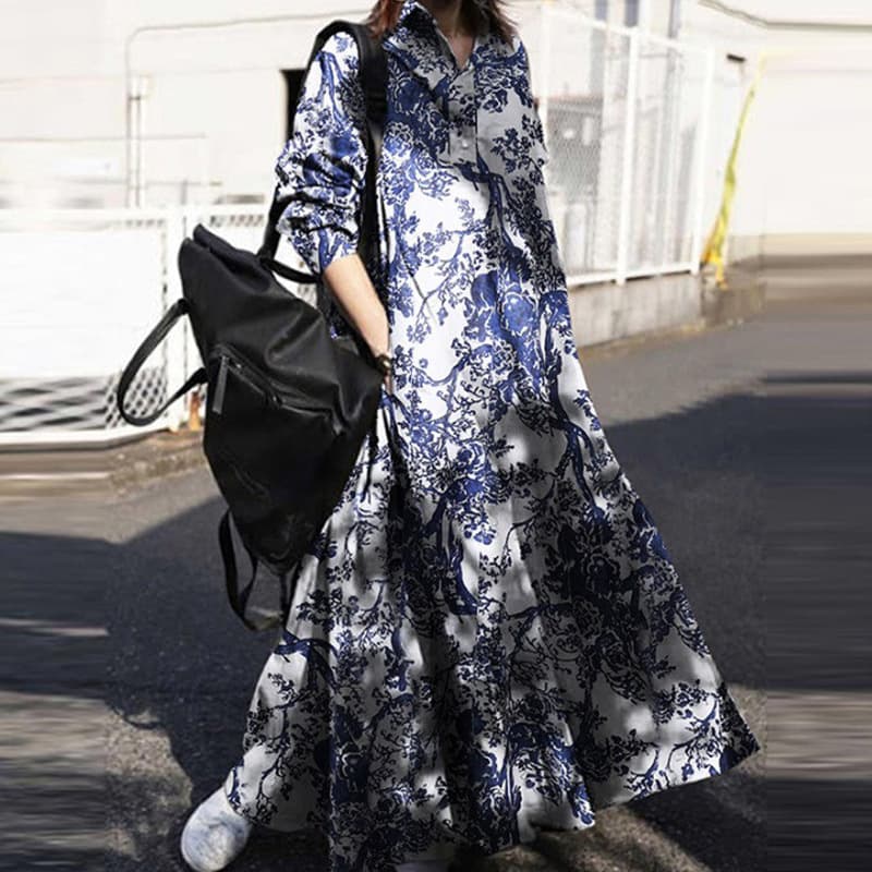 Women's casual Plus size women's clothing printed cotton and linen dress retro ethnic style clothes loose long-sleeved skirt