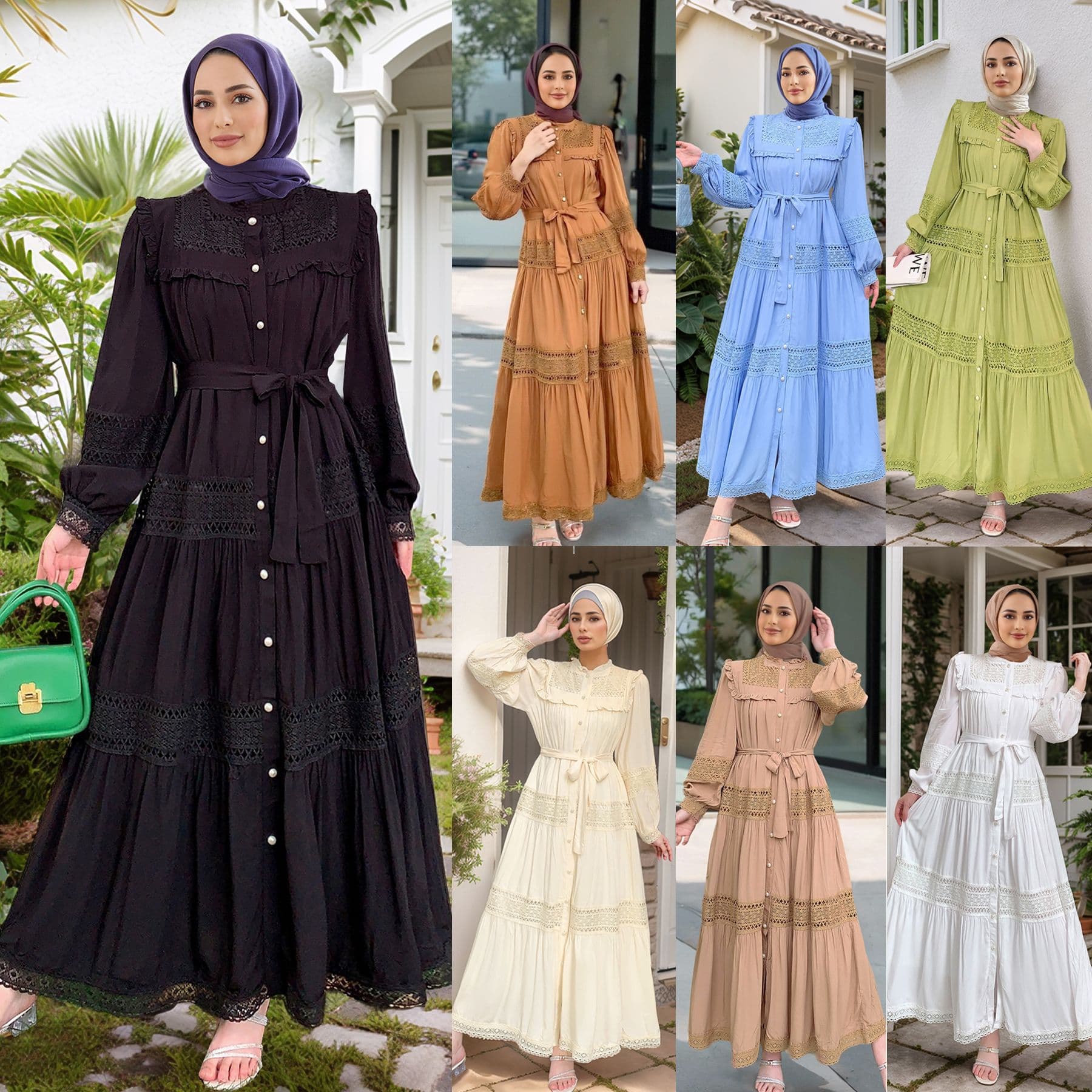 Women's Clothing Long Skirt Muslim Women's Lace Hollow Stitching Wood Ear Edge Stand Collar Dress