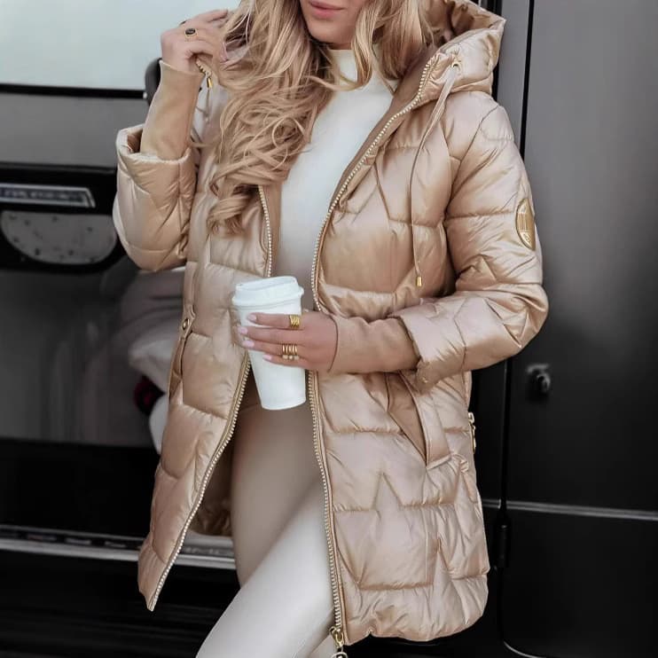 Winter Women's Hooded Longline Puffer Jacket, 3-Zip Design, Detachable Hood, Lightweight Warm Coat For Commuting, Travel