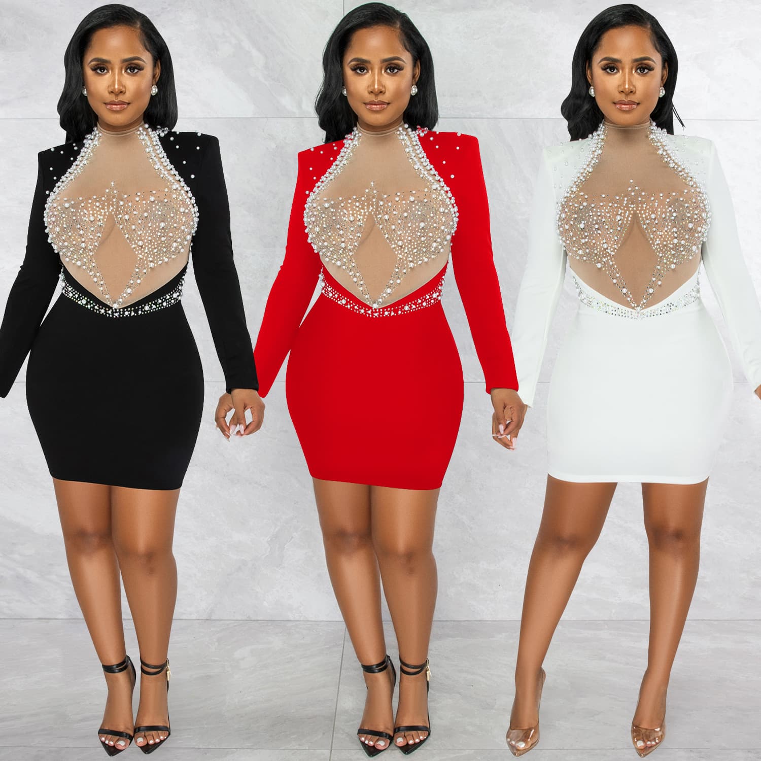 Women's Clothing Fashion Sexy Nightclub Hot Diamond Mesh See-through Bubble Bead Backless Long-sleeved Midi Skirt Dress For Women