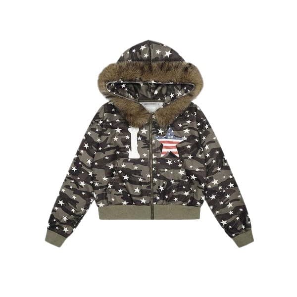 New Independent Station Ins Style Camouflage Design Sense Starry Sky Print Fur Collar Zipper Autumn Winter Hooded
