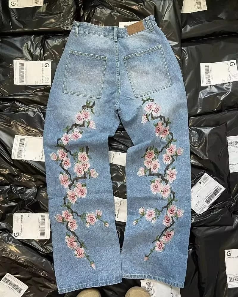 Y2K Baggy Jeans Harajuku Vintage Cherry Blossom Embroidery High Quality Jeans Streetwear Hip Hop Gothic Men Women Long Leg Jeans