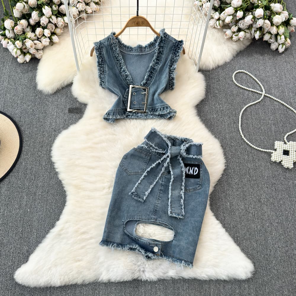 Women's hot girl retro v-neck ruffle sleeveless denim top two-piece high waist hip skirt