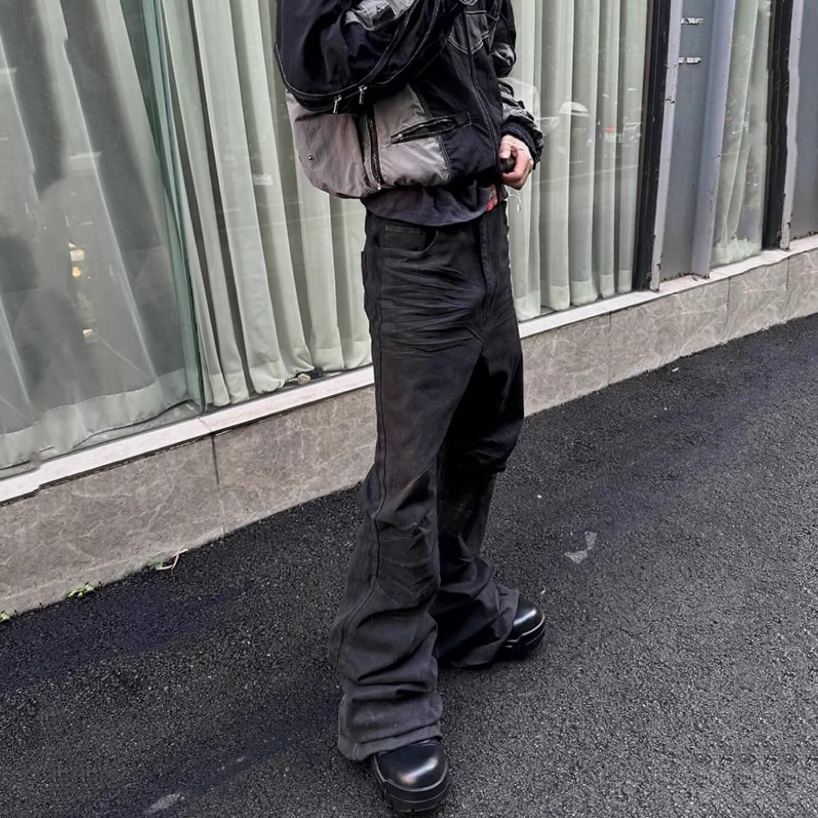 Hand-Brushed Waxed Coated Jeans – Micro Flare & Drag Hem (S-3XL) | Underground Tailoring Meets Tokyo Street Silhouette