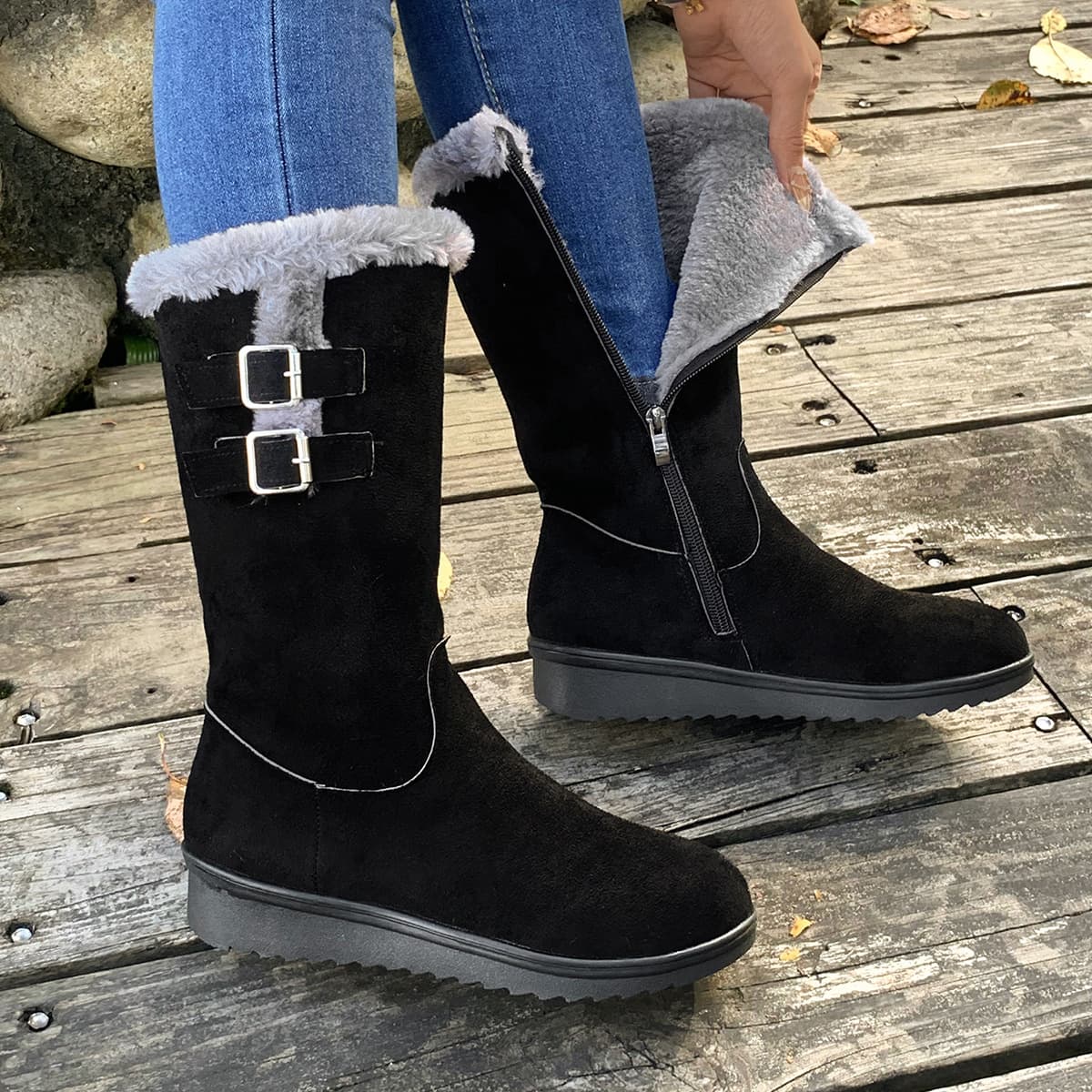 Women's Winter Snow Boots With Faux Fur Lining, Slip-Resistant Sole, Side Zipper & Belt Detail - Comfortable Casual High-Top Boots For Cold Weather