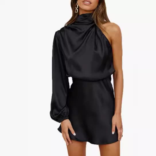 Women's Clothing One Shoulder Long Sleeve Mini Dress Silk Long Sleeve Round Neck Cocktail Short Dress