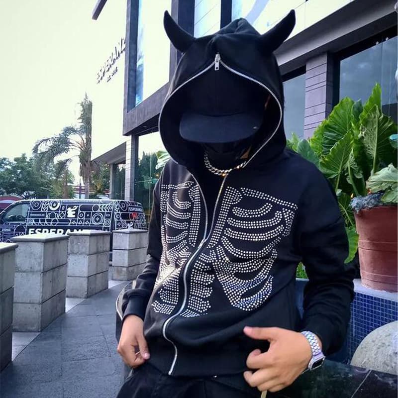 Men's Clothing Street Trend Devil Horns Sternum Hot Diamond Personalized Zipper Hooded Loose Sweatshirt