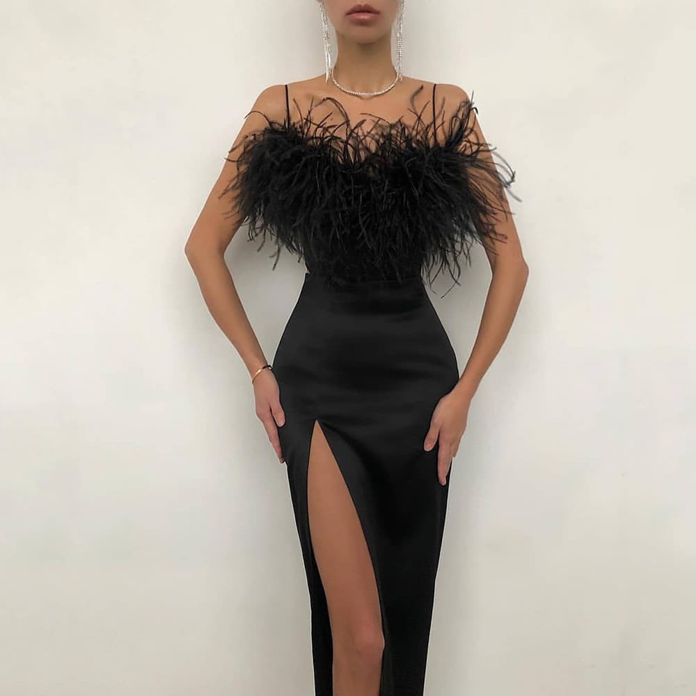 Women's Suspender Feather Dress Banquet Slim Temperament Slimming Arm Dress