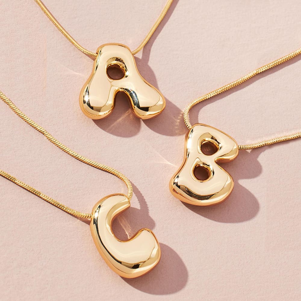 Ladies and Girls Gold Stainless Steel Large Necklace with Bubble Letter Pendant, Fashion Necklace, Gift Jewelry