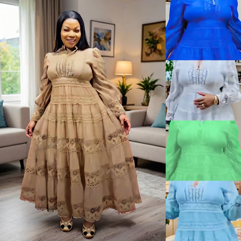 Women's Clothing Fashion Retro Lace Stitching Stand Collar Lantern Sleeve Big Swing Dress