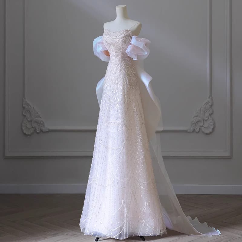 Women's Clothing High End Heavy Duty Light Wedding Dress One Shoulder Bride Temperament Light Luxury Niche Dress Banquet Long Skirt