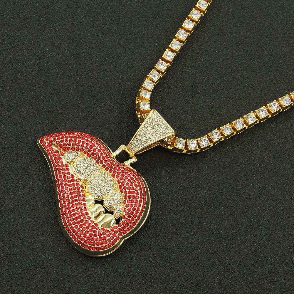 Trendy people's personalized pink lip diamond tooth pendant necklace Men's domineering, cool and exaggerated Cuban chain accessories