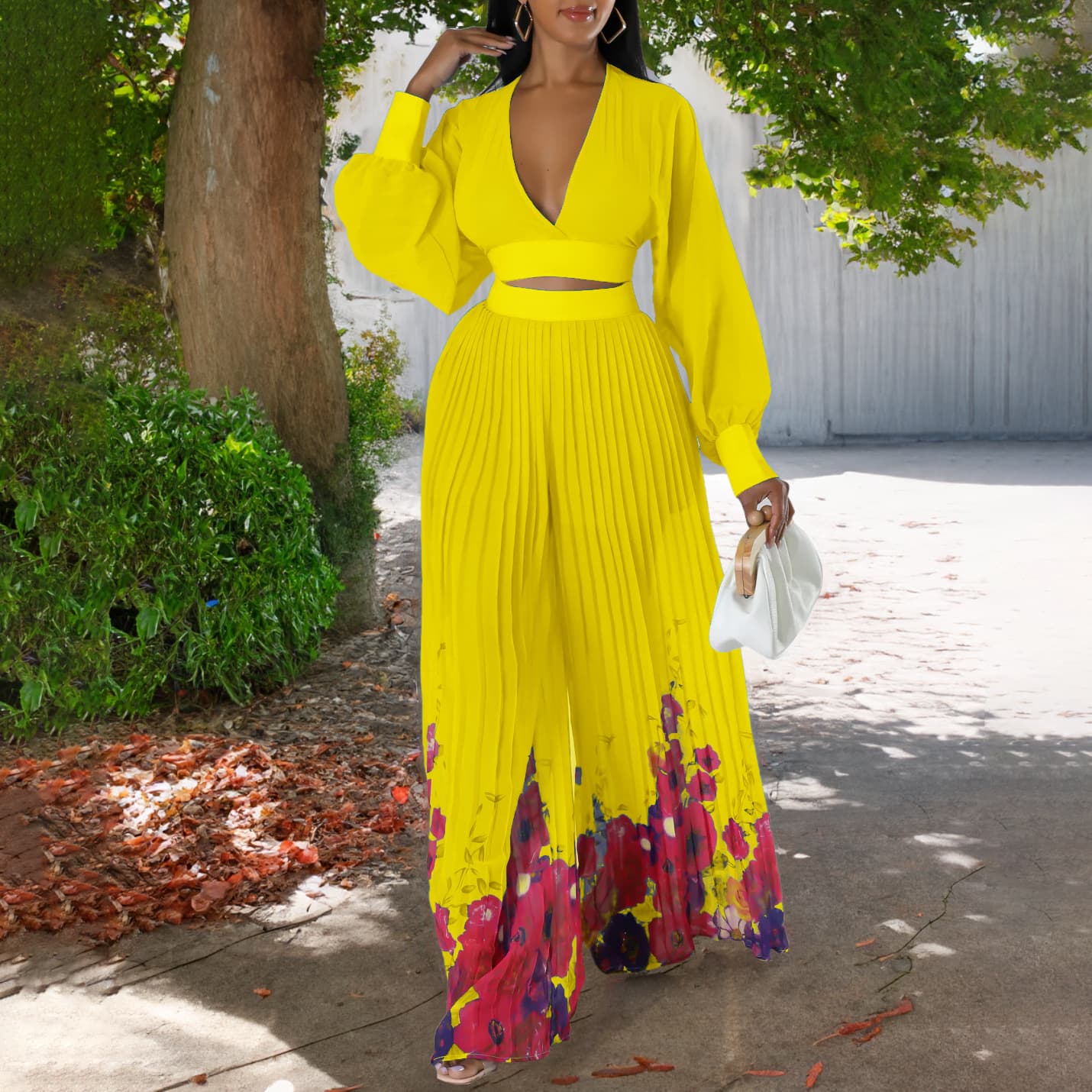 Women's Clothing Spring New Fashion Temperament Chiffon V Neck Pleated Top Printed Wide Leg Pants