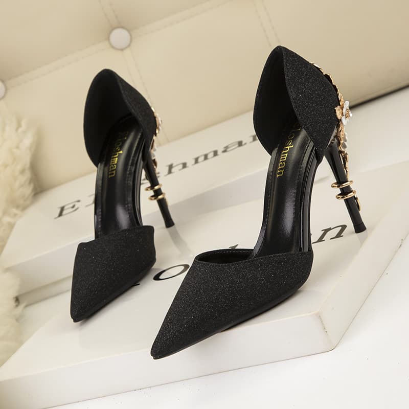 Sexy women's shoes Metal flower thin heels high heels wedding shoes pointed hollow shiny single shoes