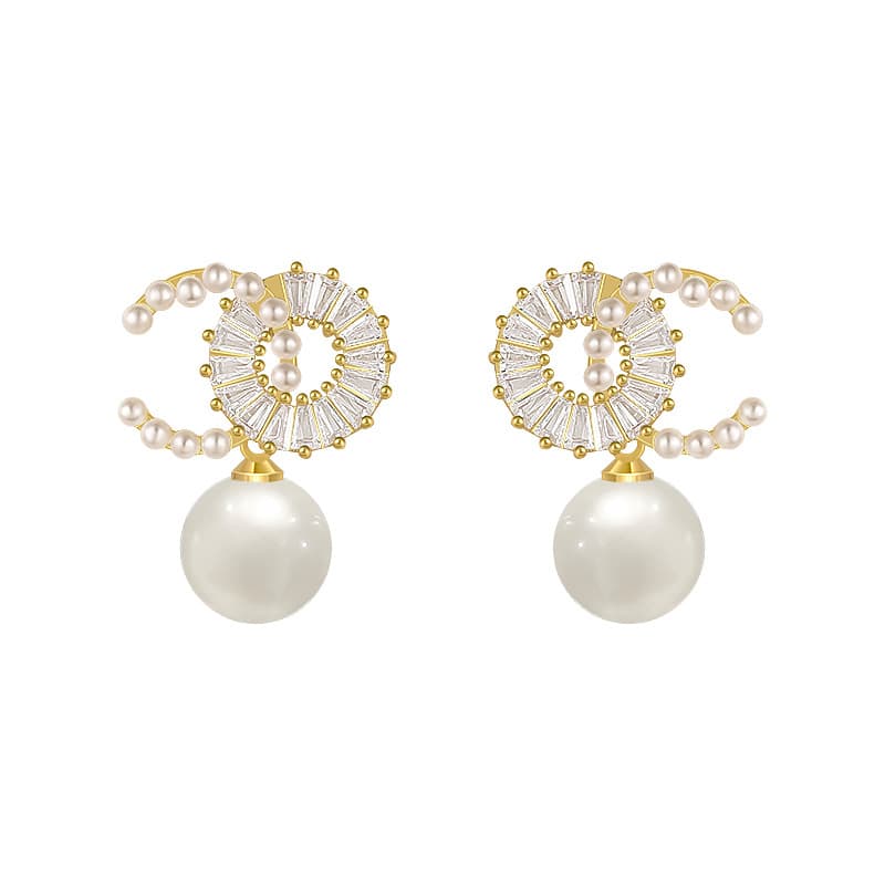 New silver needle earrings light luxury double C pearl earrings female niche design earrings new style