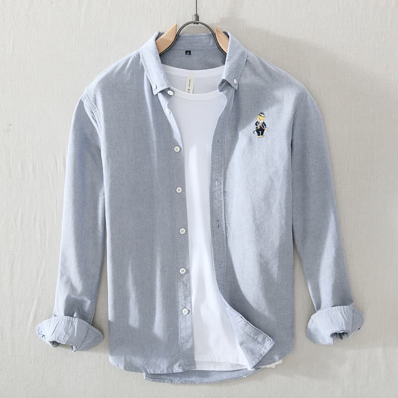 Men's Clothing Cotton Japanese Retro Embroidered Bear Casual Shirt Men's Spring Loose Large Size Hong Kong Style Long Sleeve