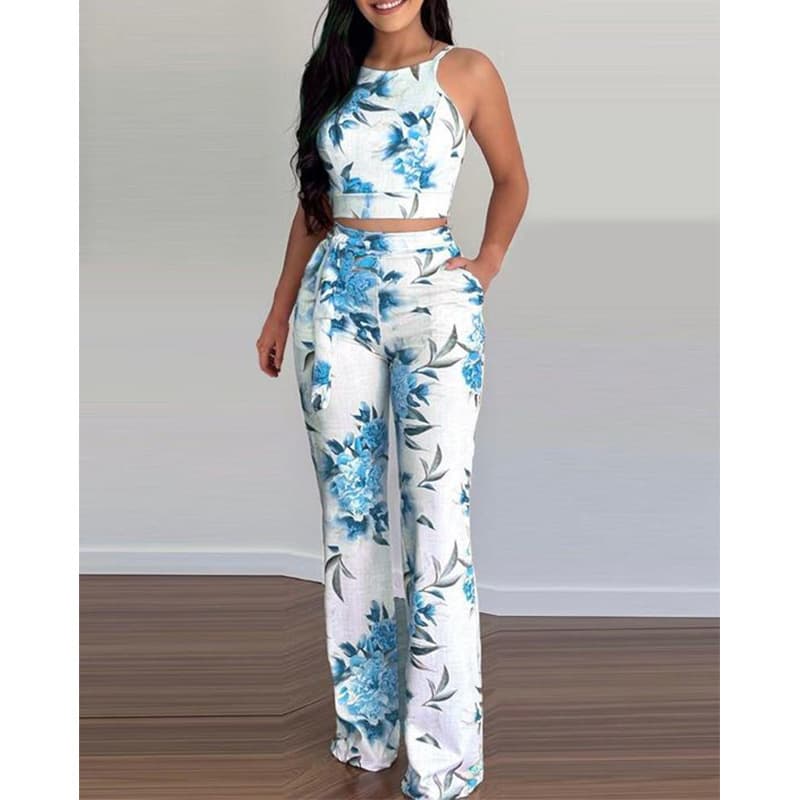 Women's summer new two-piece short printed vest high waist wide leg pants ladies casual suit