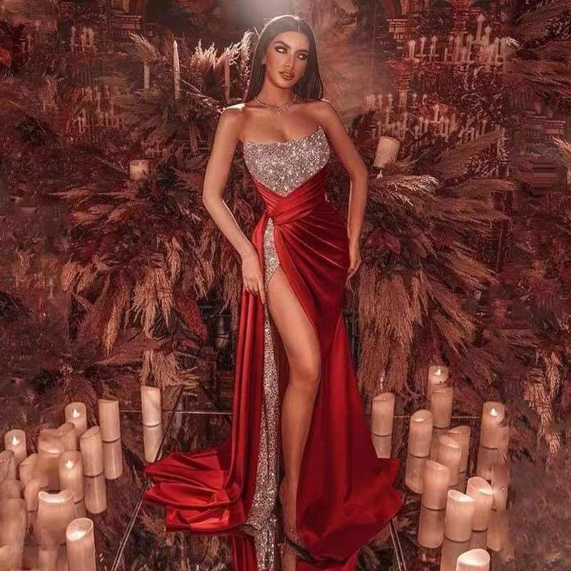 Women's sequins slit large skirt sexy strapless strapless dress evening gown
