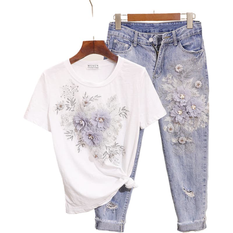 Women's Clothing Beaded Embroidery Three-dimensional Flower Short Sleeve T-shirt Ripped Denim Jeans