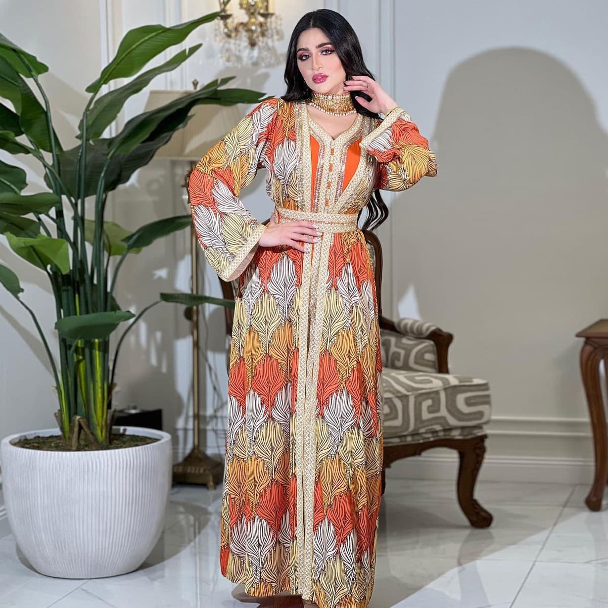 Women's Fashion Inside With Webbing Drill Print Robe Dress