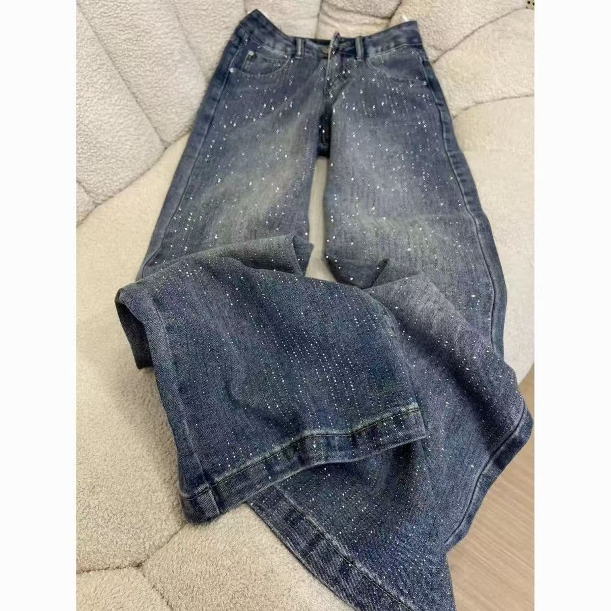 Rhinestone-studded High-waisted Slimming Jeans For Women, New Autumn Design, Loose And Versatile Wide-leg Floor-length