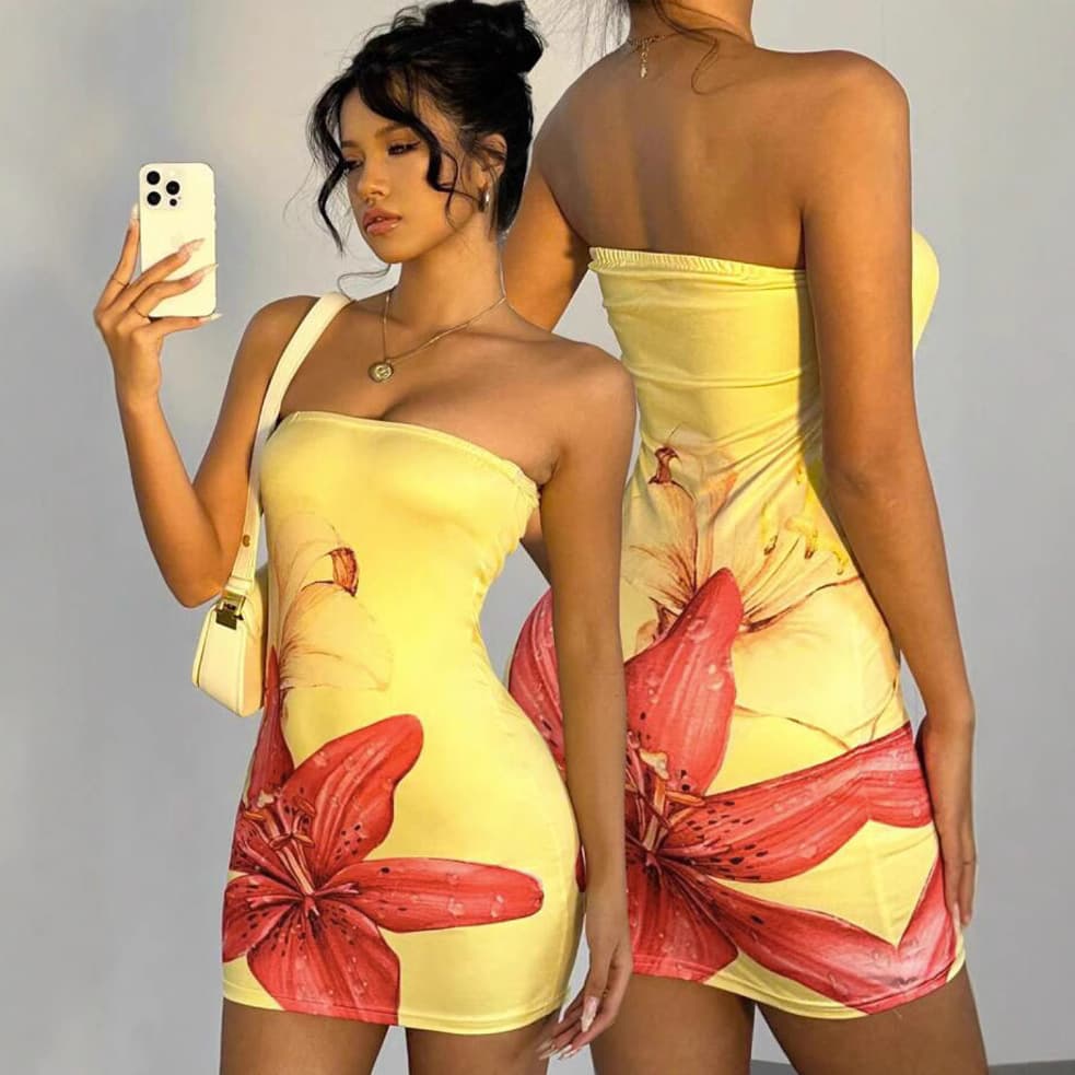 Women's Clothing Tube Top Hip Skirt New Summer Sexy Waist Slim Flower Dress Seaside Beach