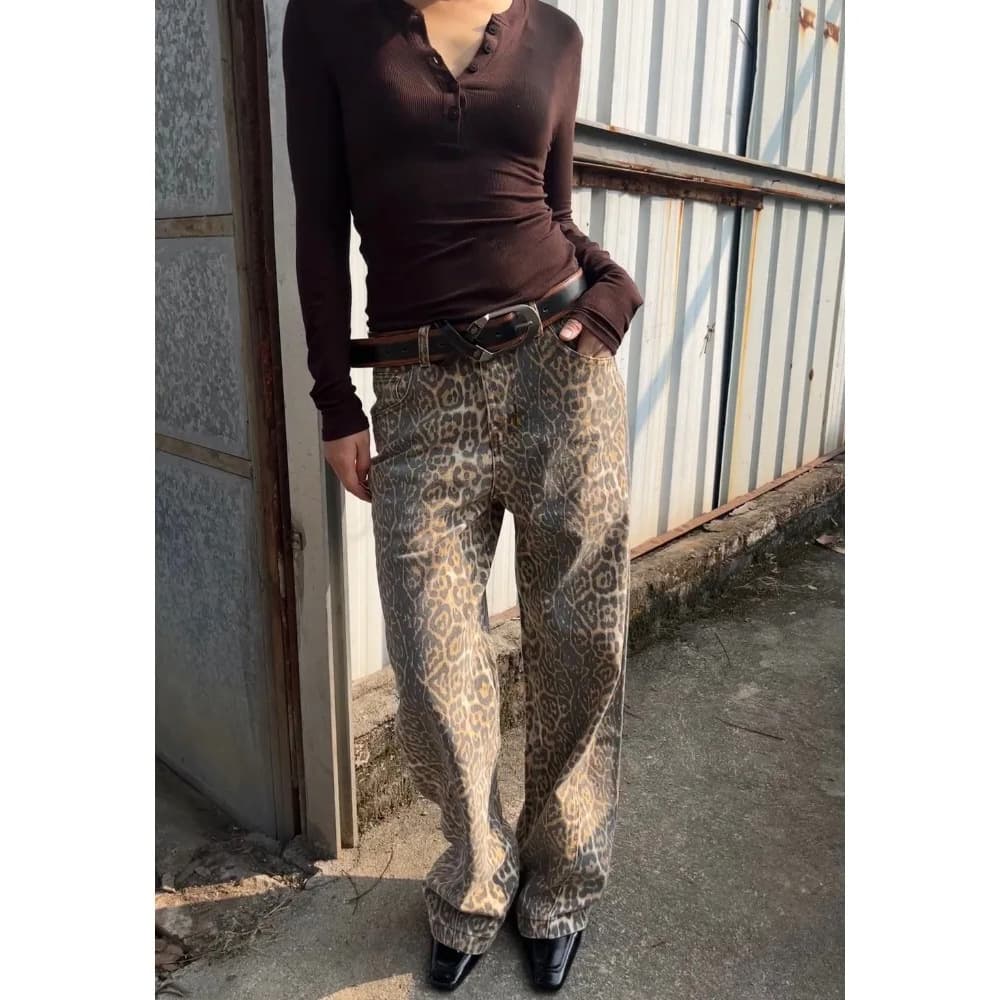 Women's Clothing Retro Leopard Jeans Hip Hop Trend Washed Distressed Wide Leg Straight Trousers Jeans