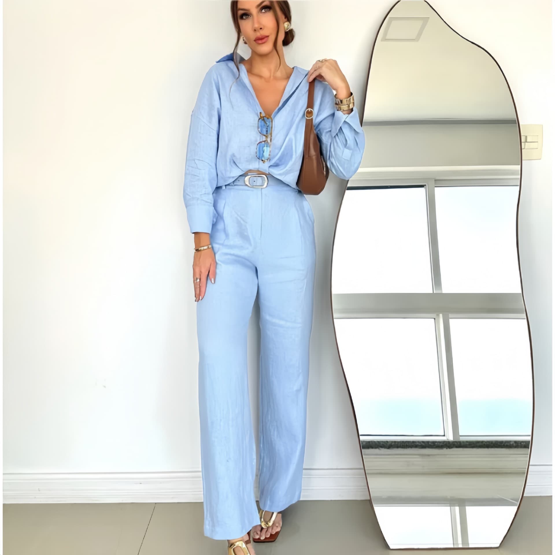 Women's Clothing New Fashion Cotton And Linen Solid Color Loose Long Sleeved Shirt Casual Suit Pants Two Piece Set
