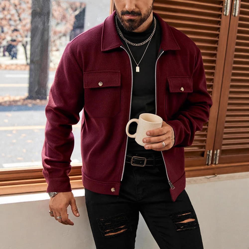 ​​Men's High-Street Wool-Blend Zip Jacket - Slim Fit Long Coat In Grey/Black/Burgundy​​ Fashion Trends