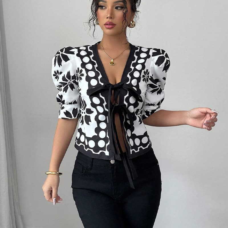 Women's Clothing Half Sleeved Shirt Pattern Lantern Sleeve Cardigan Shirts