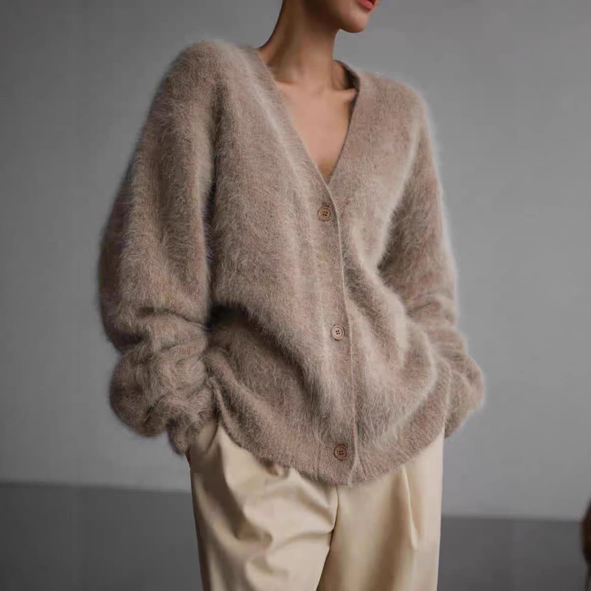 Soft Faux Mink V-Neck Cardigan - Cozy Oversized Pullover For Women, Fall Winter Loose Knit Sweater With Buttons, Elegant Casual Outerwear