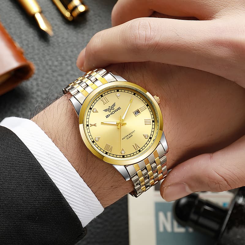 hot selling hot style steel band men's business casual watch with calendar large gold watch fashion men's watch direct delivery