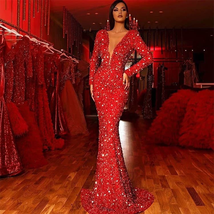Women's Hip Dress Fishtail Edge Red Sequin Long Sleeve V-Neck Dress